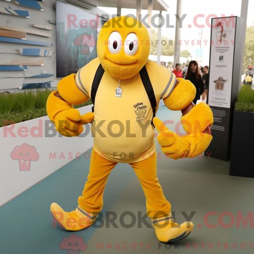 Costume De Mascotte Redbrokoly De Crabe Ermite Jaune Habillé D Un Pantalon De Jogging Et De Ceintures