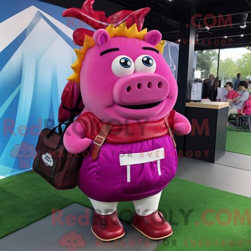 Personnage De Costume De Mascotte Redbrokoly De Sandwich Au Porc Effiloché Magenta Habillé Avec Une Robe Midi Et Des Sacs À Dos