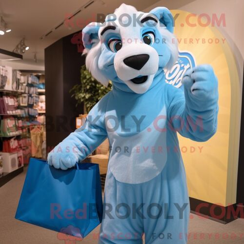 Costume De Mascotte Redbrokoly Smilodon Bleu Ciel Habillé D Une Robe De Soirée Et De Sacs Fourre-Tout