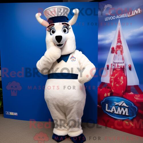 Costume Mascotte Redbrokoly De Lama Bleu Marine Personnage Habillé Avec Un Bikini Et Des Gants