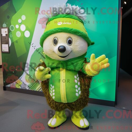 Costume Mascotte Redbrokoly De Hérisson Vert Citron Habillé D Une Combishort Et De Bonnets