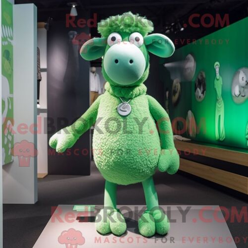 Costume De Mascotte Redbrokoly De Mouton Vert Habillé D Un T-Shirt À Col En V Et De Boutons De Manchette
