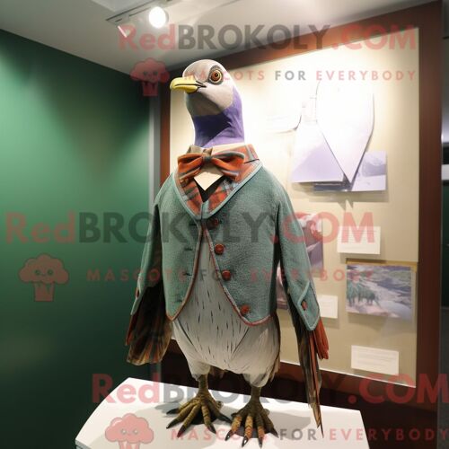 Costume De Mascotte Redbrokoly De Pigeon Voyageur Olive Habillé D Un Pull Et De Pochettes De Costume