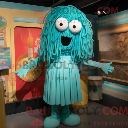 Costume Mascotte Redbrokoly De Spaghetti Turquoise Habillé D Une Combishort Et De Broches
