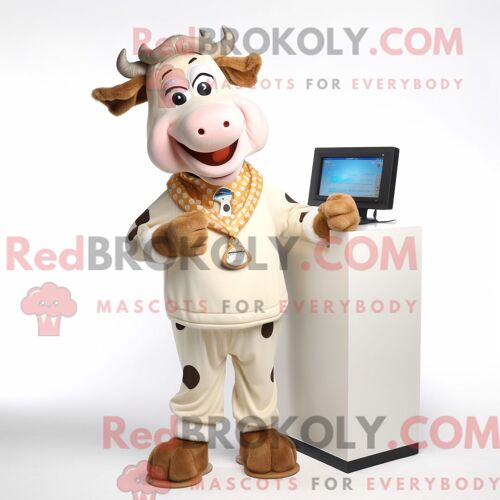Costume Mascotte Redbrokoly De Vache Beige Habillé D Un Pantalon Capri Et De Pinces À Cheveux