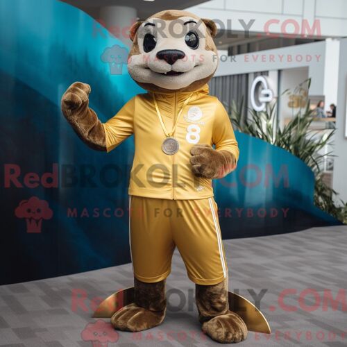 Costume Mascotte Redbrokoly De Loutre D Or Personnage Habillé D Un Pantalon De Jogging Et D Anneaux