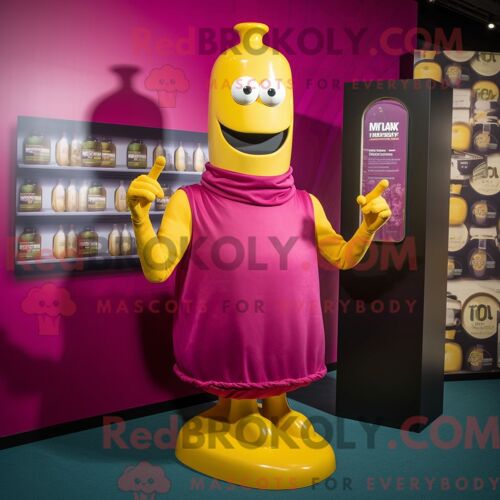 Personnage De Costume De Mascotte Redbrokoly De Bouteille De Moutarde Magenta Habillé Avec Un Col Roulé Et Des Boutons De Manchette