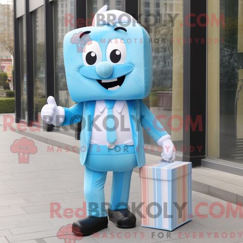 Costume Mascotte Redbrokoly De Boîte À Bonbons Bleu Ciel Habillé Avec Un Pantalon De Costume Et Des Bandeaux