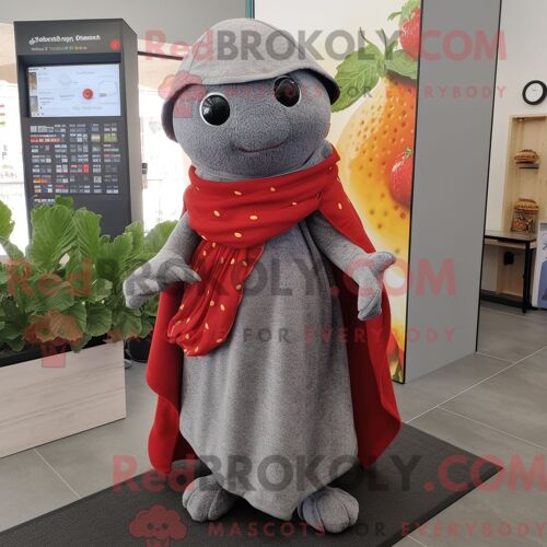 Costume De Mascotte Redbrokoly De Fraise Grise Personnage Habillé Avec Une Robe Portefeuille Et Des Châles