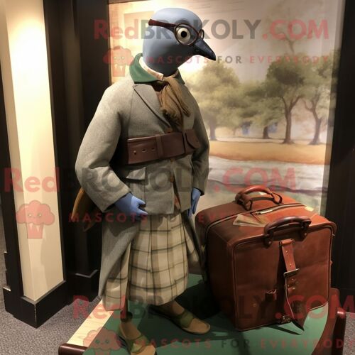Costume De Mascotte Redbrokoly De Pigeon Voyageur Olive Habillé D Un Pull Et De Pochettes De Costume