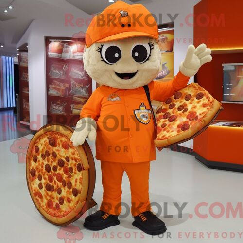 Personnage De Costume De Mascotte Redbrokoly De Pizza Orange Habillé Avec Un T-Shirt À Col En V Et Des Sacs À Main