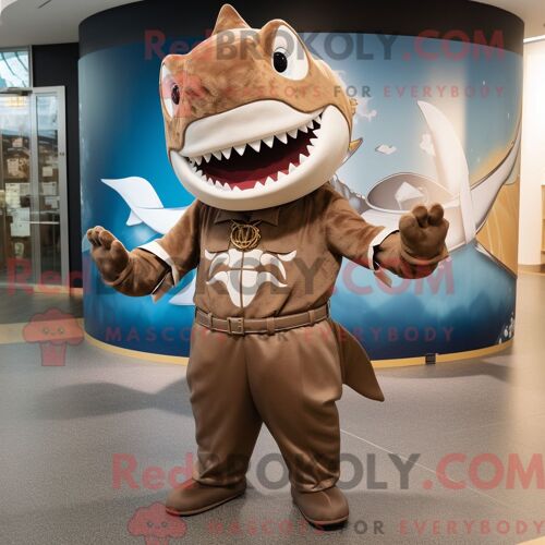 Personnage De Costume De Mascotte Redbrokoly De Requin Brun Habillé Avec Une Jupe Trapèze Et Des Colliers