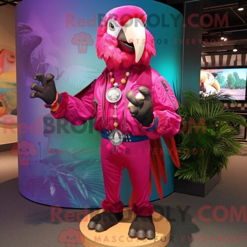 Costume De Mascotte Redbrokoly D Ara Magenta Personnage Habillé Avec Un Blouson Aviateur Et Des Colliers