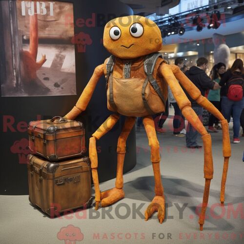Personnage De Costume De Mascotte Redbrokoly De Rust Spider Habillé Avec Un Jean Maman Et Des Porte-Documents