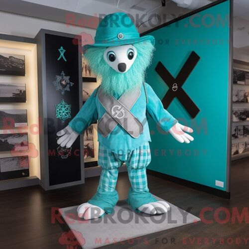 Costume De Mascotte Redbrokoly De Croix Celtique Turquoise Personnage Habillé D Un Pantalon De Jogging Et D Épingles À Chapeau