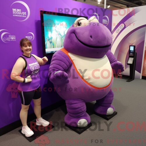 Costume De Mascotte Redbrokoly De Glyptodon Violet Habillé D Un Pantalon De Yoga Et De Montres Numériques
