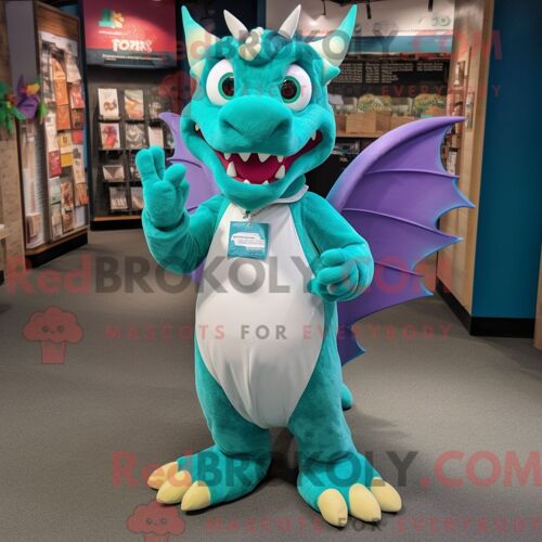 Costume De Mascotte Redbrokoly De Dragon Bleu Sarcelle Habillé Avec Une Jupe-Culotte Et Des Pinces À Chaussures