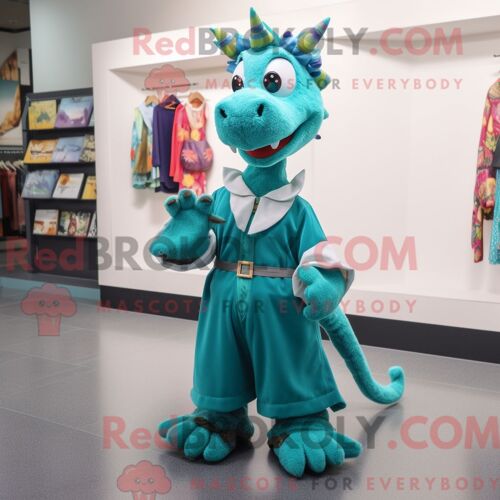 Costume De Mascotte Redbrokoly De Dragon Bleu Sarcelle Habillé Avec Une Jupe-Culotte Et Des Pinces À Chaussures