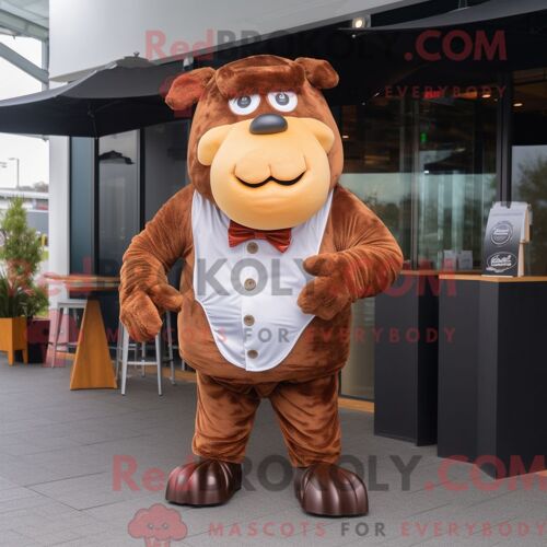 Costume De Mascotte Redbrokoly De B?uf Wellington Marron Habillé D Une Combinaison Et De Cravates