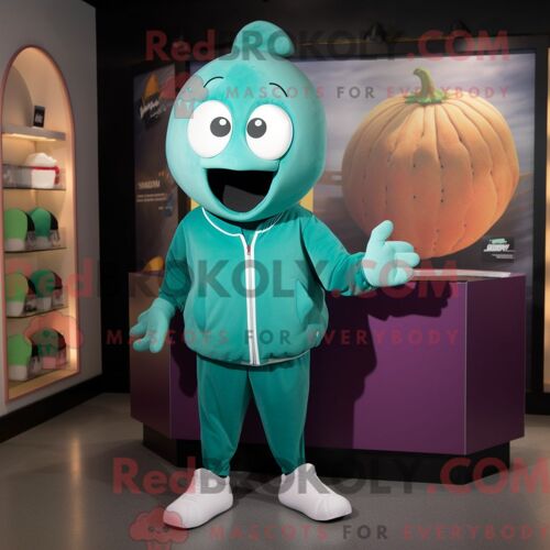 Costume Mascotte Redbrokoly De Melon Bleu Sarcelle Habillé Avec Un Sweat Et Des Casquettes