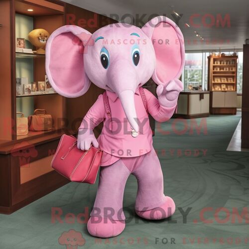 Personnage De Costume De Mascotte Redbrokoly D Éléphant Rose Habillé Avec Une Robe Fourreau Et Des Sacs Fourre-Tout