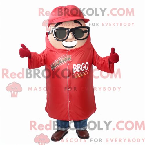 Personnage De Costume De Mascotte Redbrokoly De Côtes Levées Rouges Habillé Avec Un Coupe-Vent Et Des Lunettes