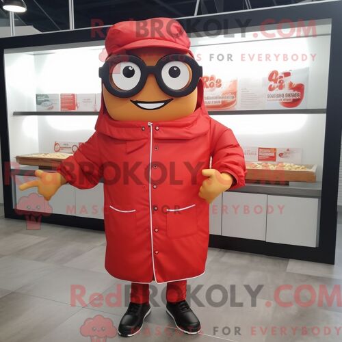 Personnage De Costume De Mascotte Redbrokoly De Côtes Levées Rouges Habillé Avec Un Coupe-Vent Et Des Lunettes