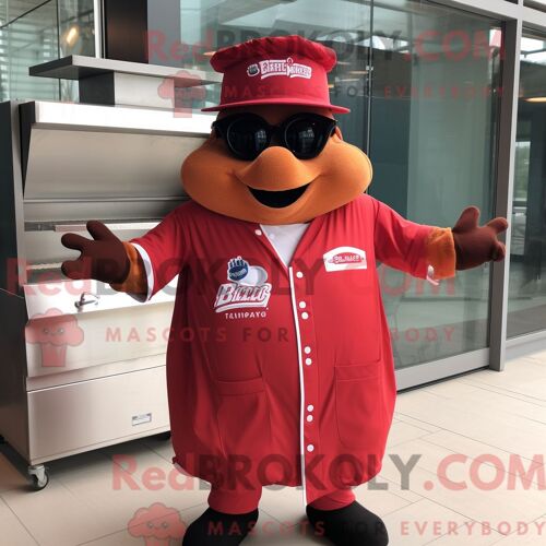 Personnage De Costume De Mascotte Redbrokoly De Côtes Levées Rouges Habillé Avec Un Coupe-Vent Et Des Lunettes