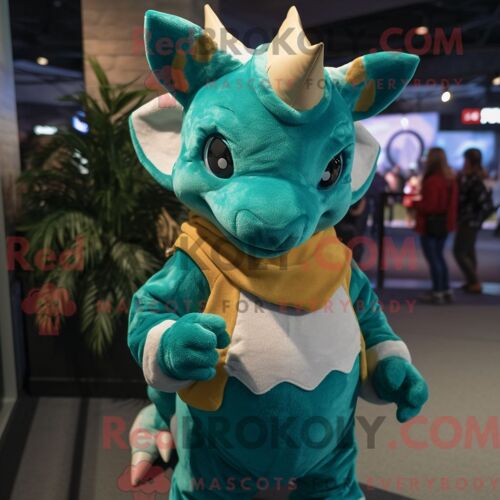 Costume De Mascotte Redbrokoly De Triceratops Bleu Sarcelle Habillé D Une Salopette Et D Écharpes