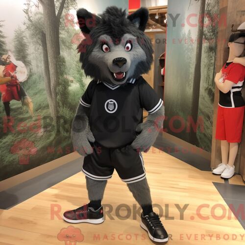 Costume Mascotte Redbrokoly De Loup Noir Personnage Habillé Avec Un Short Et Des Pinces À Chaussures