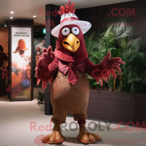 Costume De Mascotte Redbrokoly De Coqs Marrons Habillé Avec Une Combishort Et Des Chapeaux