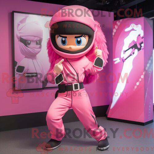 Costume Mascotte Redbrokoly De Ninja Rose Personnage Habillé Avec Un Coupe-Vent Et Des Pinces À Cheveux