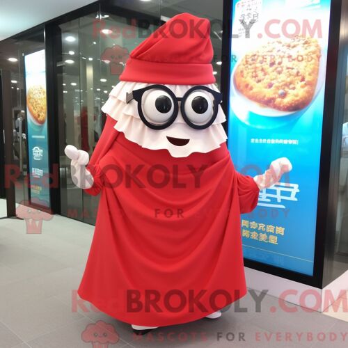 Costume De Mascotte Redbrokoly De Ramen Rouge Habillé D Une Robe De Soirée Et De Lunettes