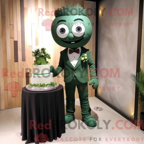 Personnage De Costume De Mascotte Redbrokoly De Gâteau De Mariage Vert Forêt Habillé Avec Un Jean Et Des Épingles À Cravate