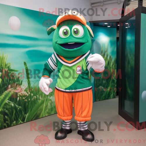 Costume De Mascotte Redbrokoly De Poisson Clown Vert Habillé D Une Chemise De Rugby Et D Épingles À Chapeau