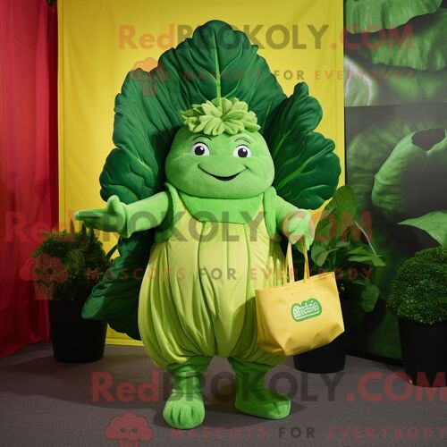 Personnage De Costume De Mascotte Redbrokoly De Feuille De Chou Vert Citron Habillé D Une Combishort Et De Sacs Fourre-Tout