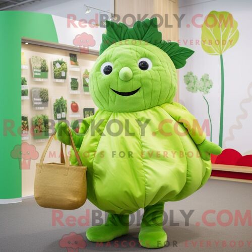 Personnage De Costume De Mascotte Redbrokoly De Feuille De Chou Vert Citron Habillé D Une Combishort Et De Sacs Fourre-Tout
