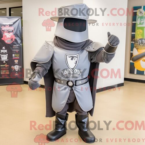 Costume De Mascotte Redbrokoly De Chevalier Médiéval Gris Habillé D Une Veste De Motard Et D Épingles À Chapeau