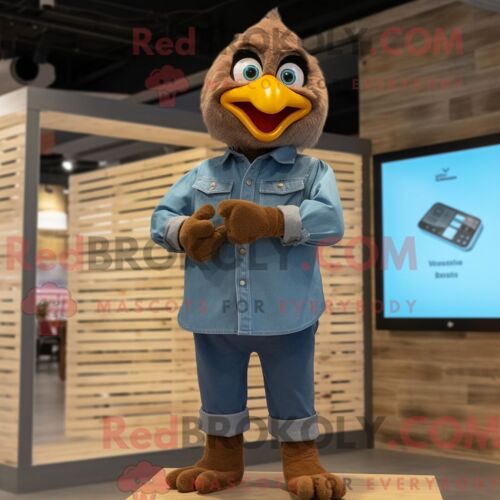 Costume De Mascotte Redbrokoly De Mouette Brune Habillé D Une Chemise En Jean Et De Montres Intelligentes