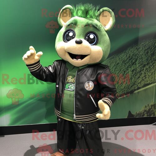 Costume De Mascotte Redbrokoly Pad Thai Vert Forêt Habillé D Une Veste De Moto Et De Bretelles