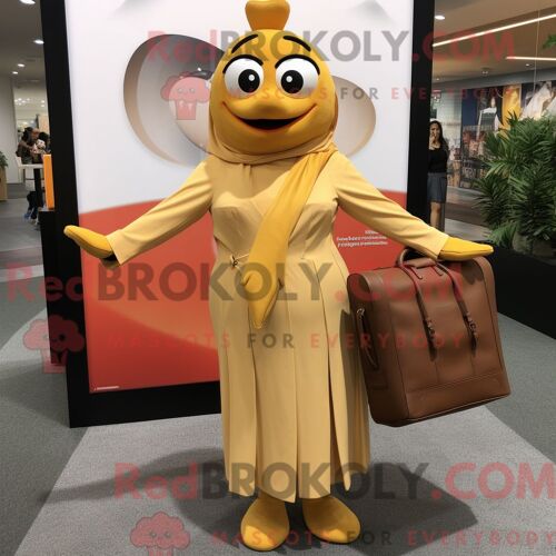 Personnage De Costume De Mascotte Redbrokoly De Poulet Au Beurre Beige Habillé D Une Robe Portefeuille Et De Porte-Documents