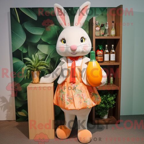 Costume De Mascotte Redbrokoly De Lapin Pêche Habillé Avec Une Robe De Cocktail Et Des Sacs À Dos