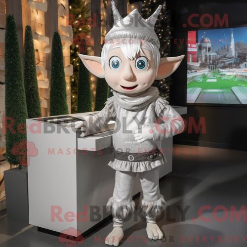 Costume Mascotte Redbrokoly D Elfe Argenté Habillé D Un Pull Et D Épingles À Cheveux
