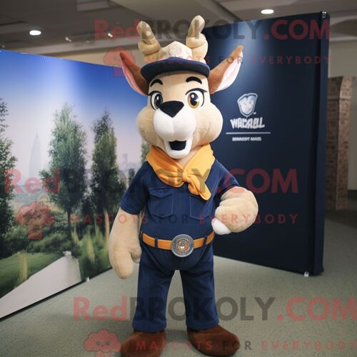 Costume Mascotte Redbrokoly De Gazelle Marine Personnage Habillé D Une Chemise En Flanelle Et De Bérets