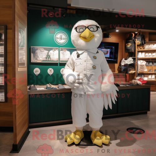 Costume Mascotte Redbrokoly D Aigle Blanc Habillé D Une Salopette Et D Un Porte-Monnaie