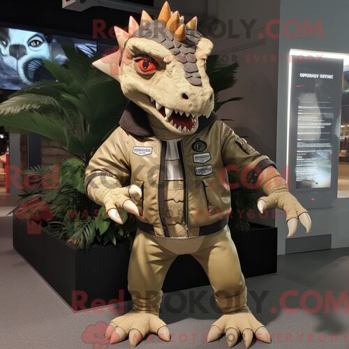 Costume De Mascotte Redbrokoly De Stégosaure Beige Personnage Habillé D Un Blouson Aviateur Et De Bracelets De Cheville