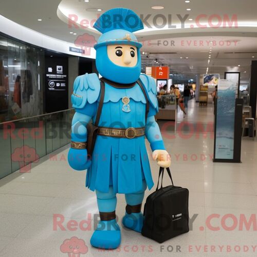 Costume De Mascotte Redbrokoly De Soldat Romain Bleu Habillé D Une Robe Trapèze Et De Sacs Messager
