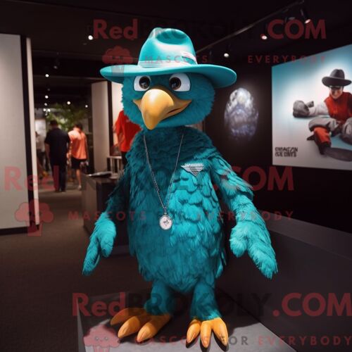 Costume De Mascotte Redbrokoly D Aigle Turquoise Habillé D Un Polo Et D Épingles À Chapeau