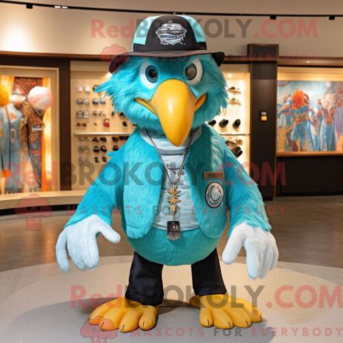 Costume De Mascotte Redbrokoly D Aigle Turquoise Habillé D Un Polo Et D Épingles À Chapeau