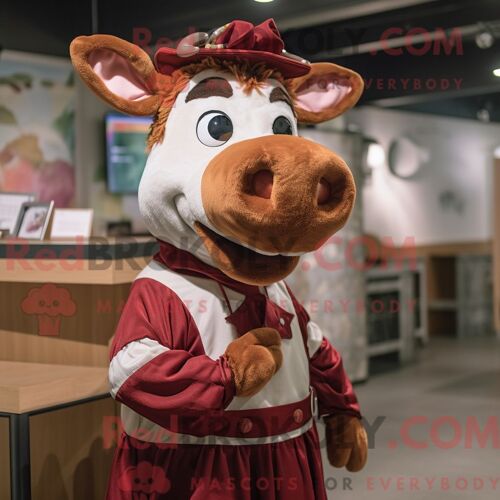 Costume De Mascotte Redbrokoly De Vache De Guernesey Marron Habillé D Une Chemise En Popeline Et De Bandeaux